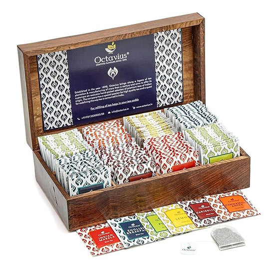 Octavius Gift's Select - Assorted Tea in Wooden Box | 6 Flavors, 120 Tea Bags | Black & Green | Tea Gifts for Women & Men | Pack of 1
