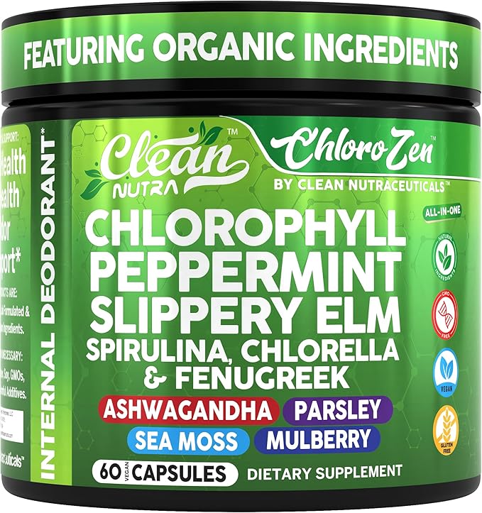 Clean Nutra Chlorophyll Peppermint Slippery Elm Spirulina Chlorella Fenugreek Ashwagandha Sea Moss Supplement ??Ph Balance for Women Detox Internal Deodorant Supplements + Prebiotics 60 Vegan Capsules