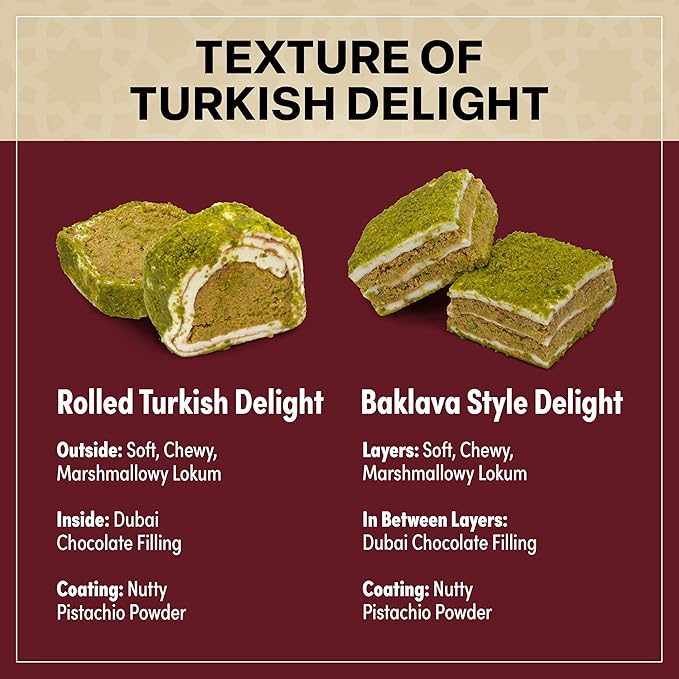 Eastanbul Premium Turkish Delight with Dubai Chocolate Filling, 8.8oz, Turkish Delights Pistachio, Lokum, Pistachio Candy Gift Box, International Candy, Lokum
