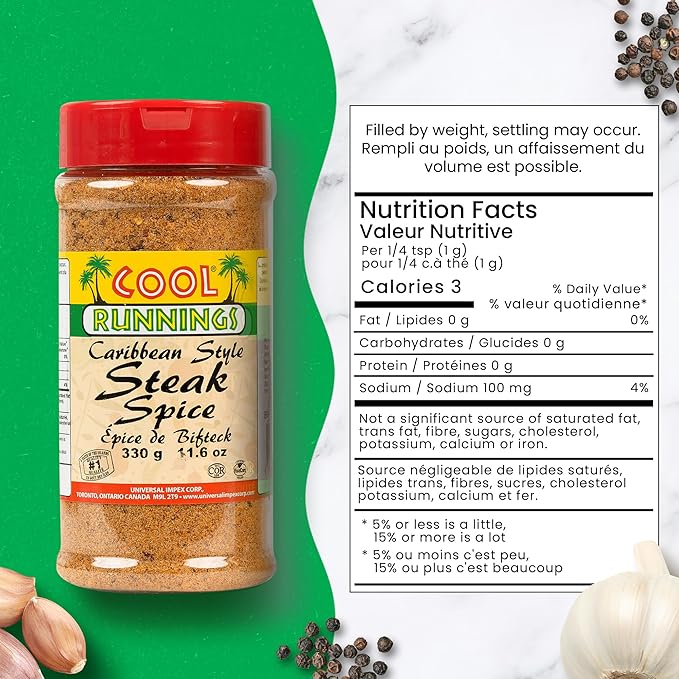 Cool Runnings Caribbean Style Steak Spice Seasoning 330g - Bold and Peppery Blend for Grilling, Roasting, and Pan-Frying Steaks and Meats