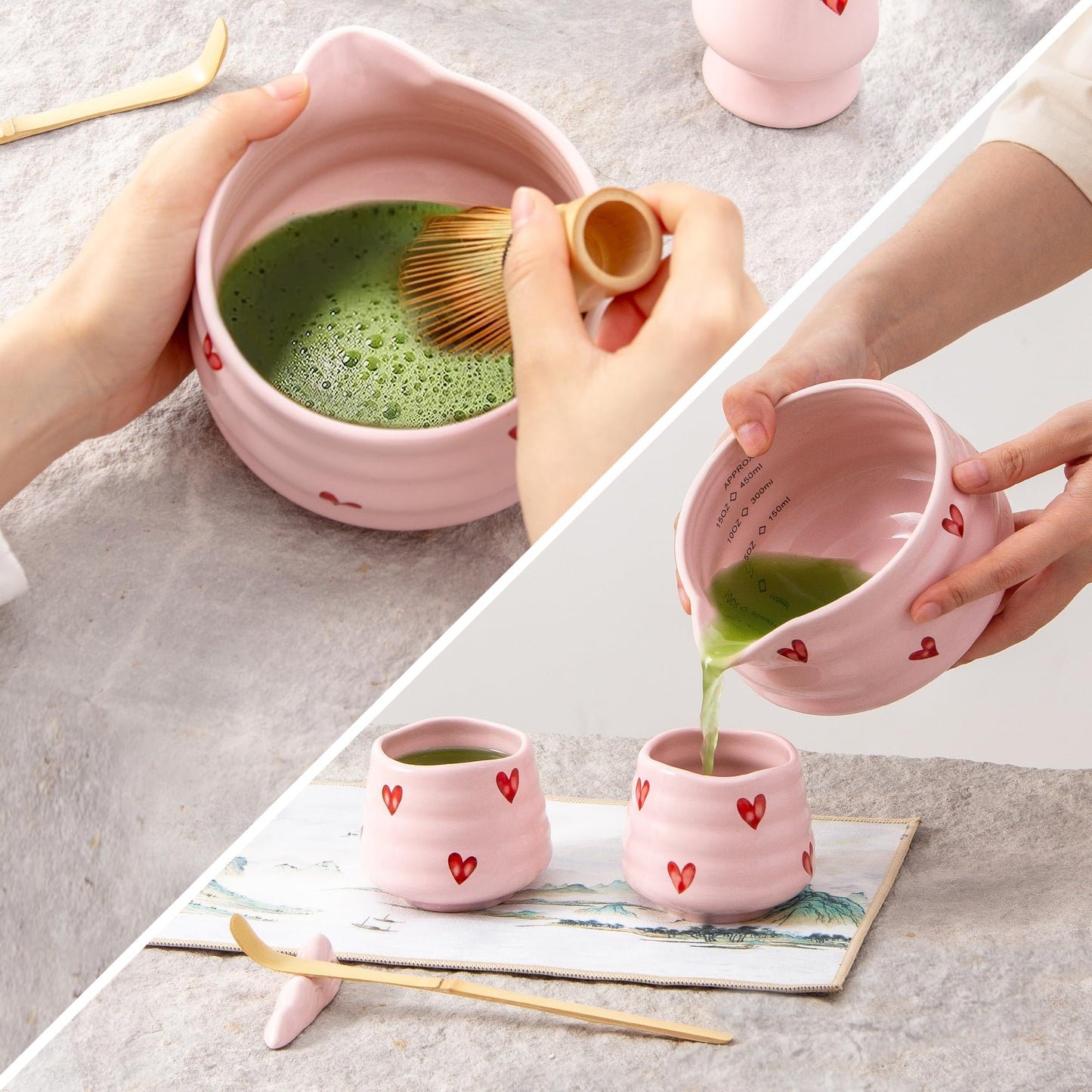 YumiPLUS Ceramic Matcha Bowl with Bamboo Whisk Holder, Pink Love, Set of 2