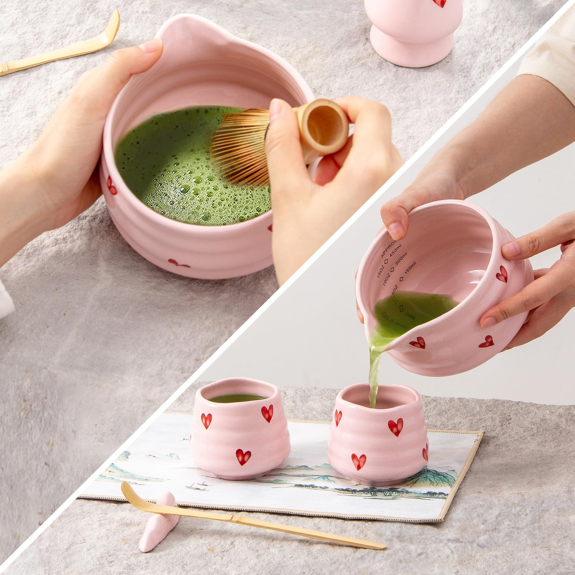 YumiPLUS Ceramic Matcha Bowl with Bamboo Whisk Holder, Pink Love, Set of 2