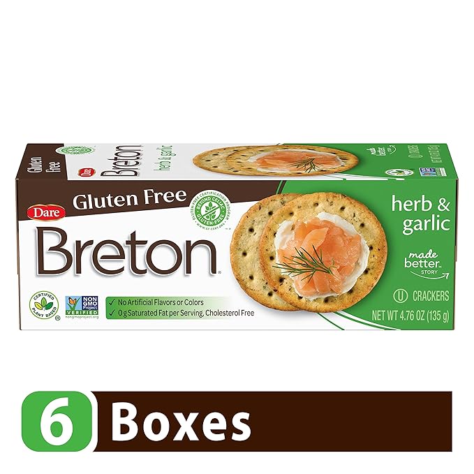 Dare Breton Gluten Free Crackers, Herb and Garlic, 4.76 oz Box (Pack of 6) – Healthy Gluten Free Snacks with No Artificial Colors or Flavors – Made with Tapioca Flour and Green Lentil Flour
