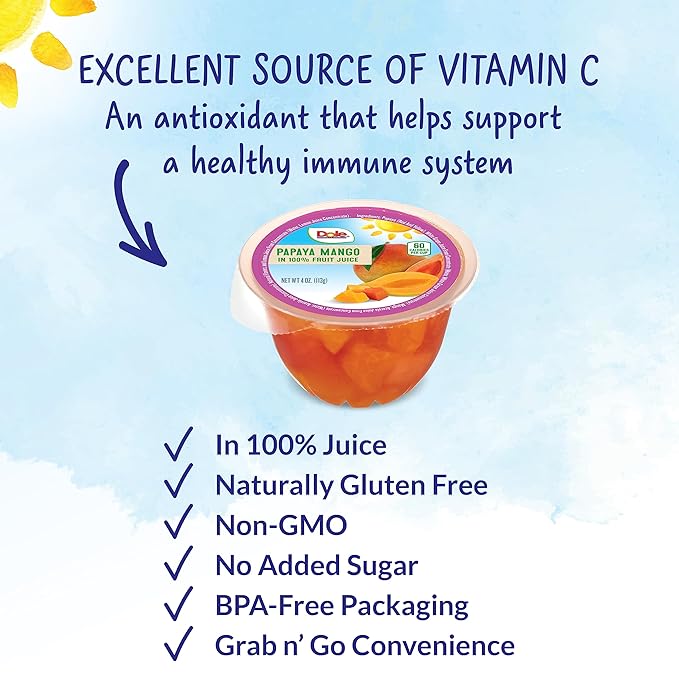 Dole Papaya Mango In 100% Fruit Juice Snacks, 4oz 36 Total Cups, Gluten & Dairy Free, Bulk Lunch Snacks for Kids & Adults (Pack of 2)