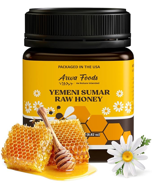 Arwa Foods Yemeni Al-Samar Raw Honey - Royal Yemeni Raw Organic honey from Wadi of Douan - 100% Unfiltered, Raw & Pure Honey for Men and Women - Sealed & Packaged in USA (8.82 oz)