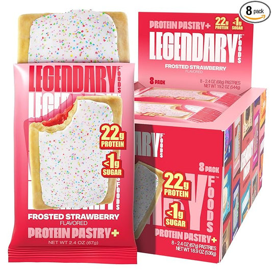 Legendary Foods 22g Protein Pastry+ Strawberry Low Carb Meal Replacement Bar, Low Glycemic, Gluten Free Protien Snacks - Healthy Keto Snack Box, 8x Zero Sugar Energy Bars - Bariatric Diabetic Friendly