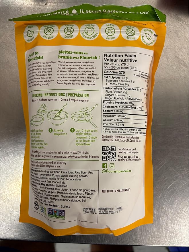 Flourish Plant-Based Protein Pancake & Waffle Mix, Gluten-Free, Dairy-Free, Nut-Free, Soy-Free, Vegan, Non-GMO, All-Natural Superfood, High Protein & Fiber, Just Add Water - Original, 430 g (2 Pack)