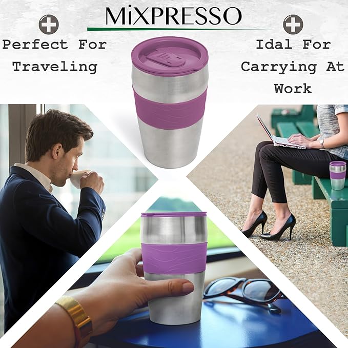 Mixpresso Purple Personal Single Serve Coffee Maker with 14oz Travel Mug, Drip Small Coffee Maker with Auto Shut Off, Reusable Filter, Works with Ground Coffee Only ??Not for K-Cup Pods
