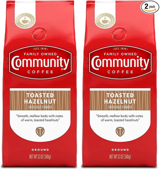 Community Coffee Toasted Hazelnut Flavored 12 Ounce, Medium Roast Ground Coffee, 12 Ounce Bag (Pack of 2)