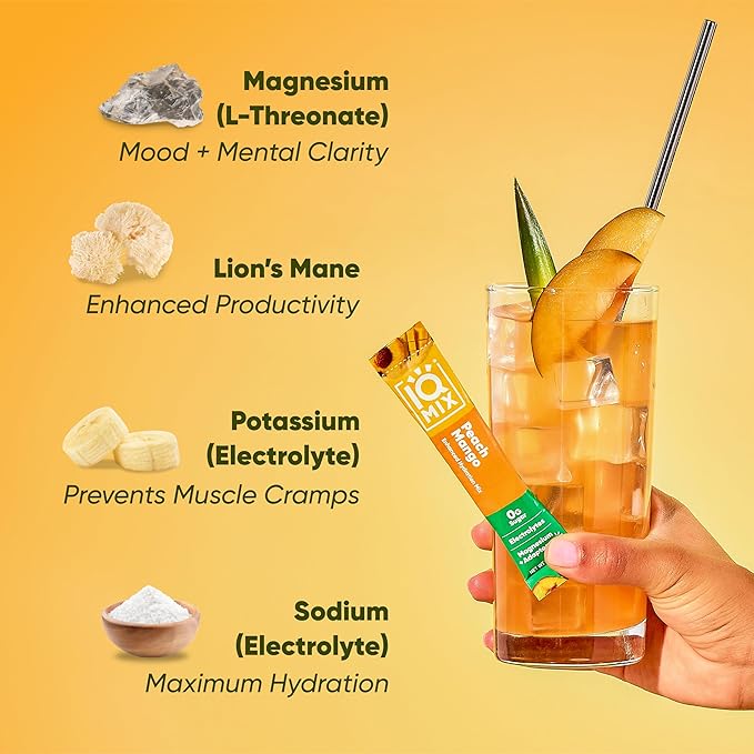 IQMIX Hydration Electrolyte Powder ??4-in-1 Formula for Hydration, Mental Clarity, Mood and Recovery ??Sugar-Free Drink Mix, Keto, Magnesium L-Threonate, Lion?™s Mane ??40 Count Peach Mango