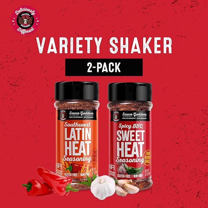 Sauce Goddess - Spicy BBQ Sweet Heat & Southwest Latin Heat Duo Premium Spices, No MSG, No Additives, Plant-Based, Shakers for Meat & Veggies - 2-Pack
