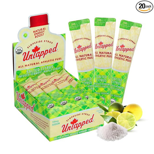 UnTapped Salted Citrus Infused Vermont Maple Syrup Packets for Athletes, Box of 20 - 1 fl oz | Pure Maple Syrup with Refreshing Citrus Flavor and Sea Salt for Endurance Energy | Fuel to Keep You Running Longer