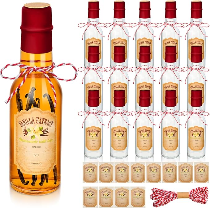 Tioncy 16 Pcs Vanilla Extract Bottles for Homemade Vanilla Jar Glass Bottle with Cap, Shrink Band, Sticker Syrup Gift Food Storage Canister for Bean Sauce Spice(Red,5 oz)