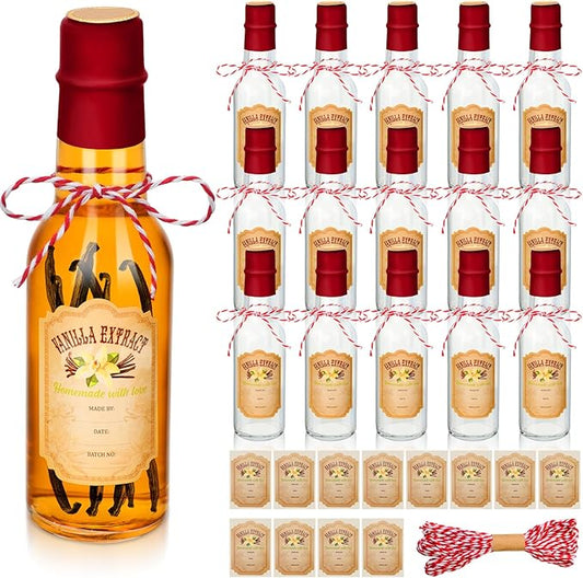 Tioncy 16 Pcs Vanilla Extract Bottles for Homemade Vanilla Jar Glass Bottle with Cap, Shrink Band, Sticker Syrup Gift Food Storage Canister for Bean Sauce Spice(Red,5 oz)