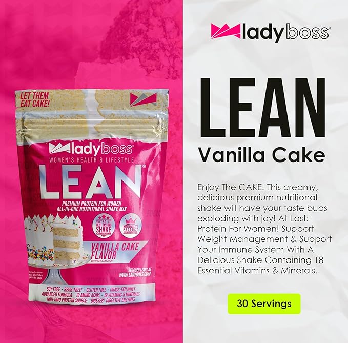 LadyBoss Lean Protein Shake Vanilla Cake Flavor - Meal Replacement & Craving Support with Grass-Fed Whey, 18 Vitamins & Nutrients - 30 Servings