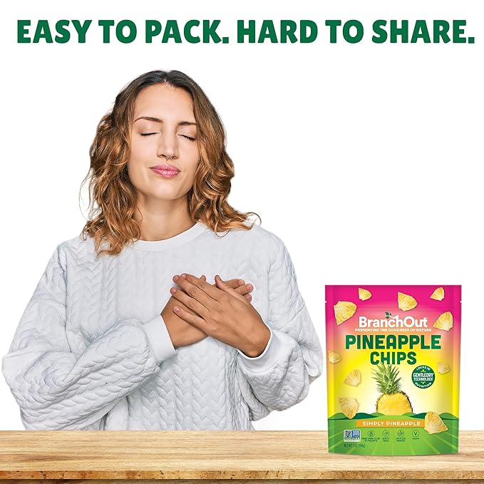 BranchOut Pineapple Chips, No Sugar Added, Real Dried Pineapple Chunks, GentleDry, Better than Freeze Dried Pineapple, Healthy Vegan Fruit Snacks for Kids & Adults, 7 oz