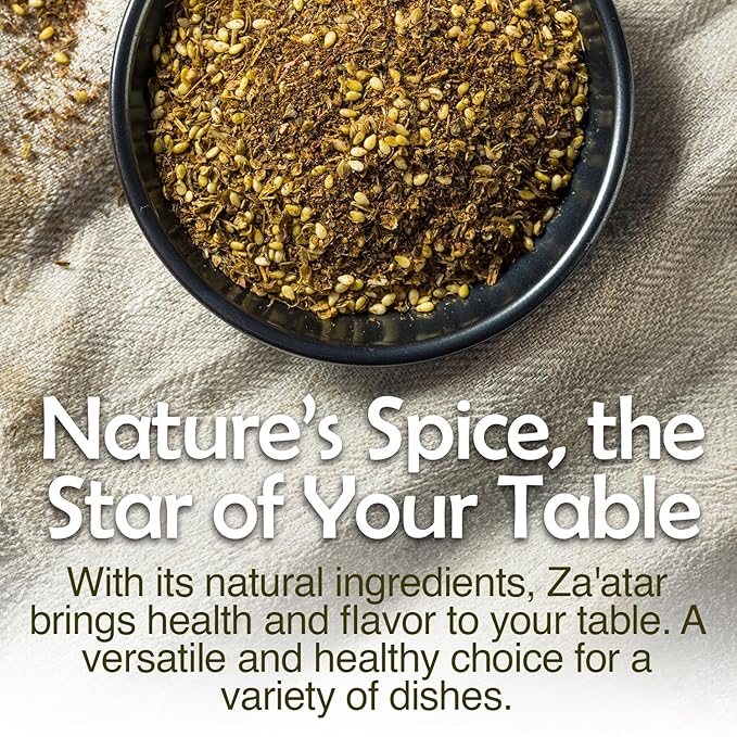 Za'atar Seasoning 7 Oz | Mediterranean Spice Blend | Natural Zaatar Spice Mix with Marjoram, Sesame, Sumac and Thyme | Authentic & Nutritious Za'tar Spice for Versatile Culinary Uses