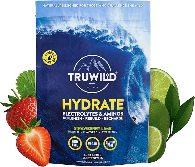 TruWild Hydrate Electrolyte + Amino Acids Drink Mix Powder, Clean Post Workout Recovery & Immune Supplement, Vitamin C, Zinc & Magnesium Support, Vegan (20 Servings (Pack of 1), Strawberry Lime)