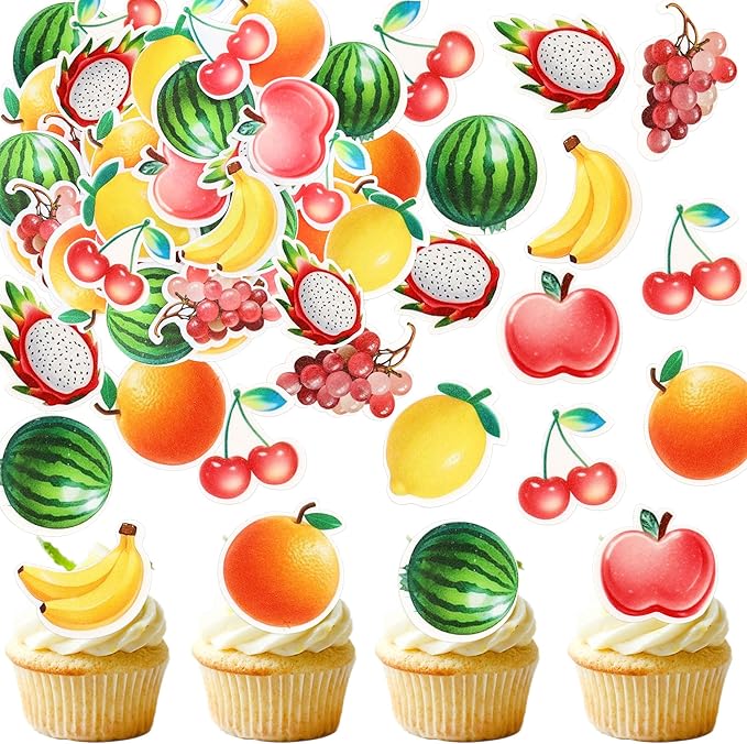 40Pcs Edible Tutti Fruity Fruit Cupcake Toppers - Fruit Drink Topper Tropical Summers Kids Happy Birthday Cake Toppers for Baby Shower Wedding Party Decorations