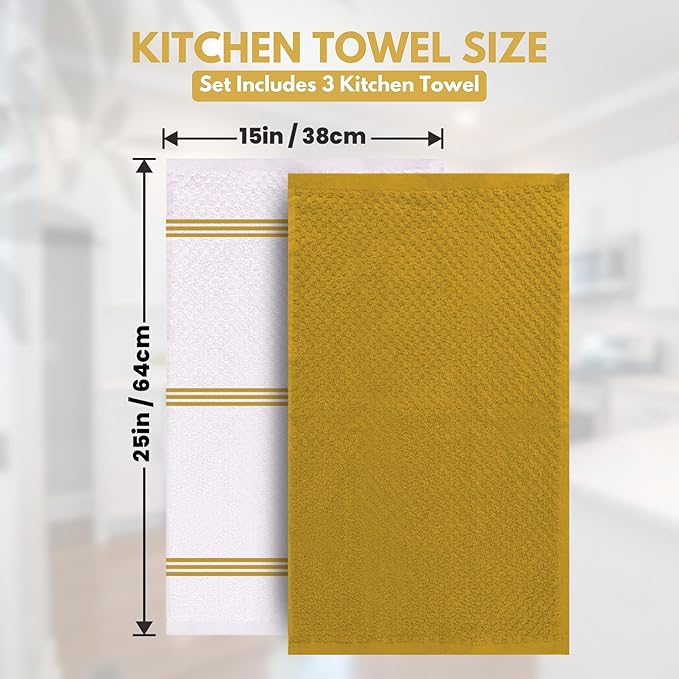Infinitee Xclusives Premium Kitchen Towels ??Pack of 3, 100% Cotton |15 x 25| Inches Absorbent Dish Towels - Terry Kitchen Dishcloth Towels - Yellow Dish Cloth for Household Cleaning
