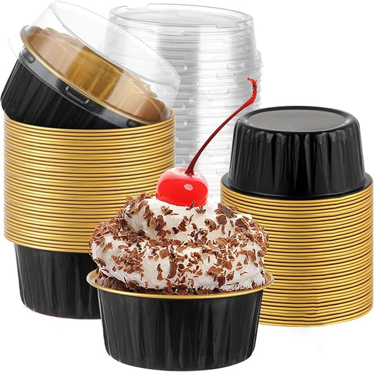 600 Pack Bulk Packaging Mini Cake Pans With Lids, Alluminum Cupcake Containers, 5oz Dessert Cups with Lids for Cake Baking Sales Party Mini Storage Box Stackable Portable (Black in Gold)