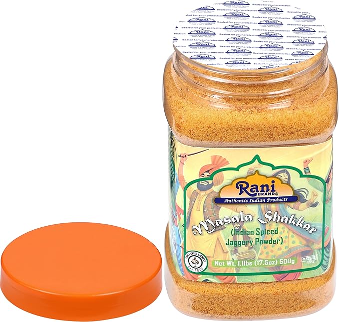 Rani Masala Shakkar (Indian Spiced Jaggery Powder) Unrefined Raw Cane Sugar 17.5oz (1.1lbs) 500g PET Jar ~ Gluten Friendly | Vegan | NON-GMO | Kosher | No Salt or fillers | Indian Product
