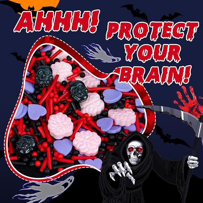 Edible Halloween Sprinkles,Purple Heart Pink Brain and Black Skull Monster, Red Black Pearls and Jimmies Mixed,130g/4.58ounce ,Perfect for Cake Decorations, Baking, Ice Cream, Cookies, Cupcake Topper,Halloween Supplies Children's Party