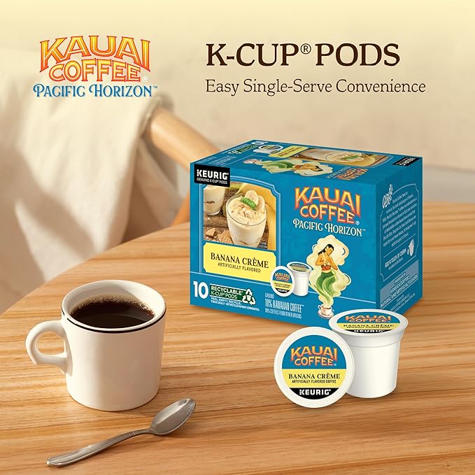 Kauai Coffee K-Cup Pods for Keurig Brewers – Arabica Coffee, 10% Hawaiian – Medium Roast, Banana Flavor with Creamy Vanilla – Banana Crème, 1 Pack of 10 Single Serve K-Cups