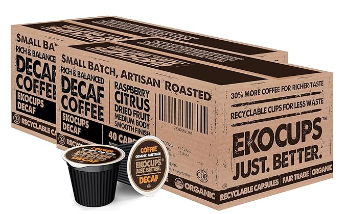 EKOCUPS Organic Swiss Water Decaf Medium Roast Coffee Pods, Extra 30% More Coffee Per Cup, Artisan Fair Trade Decaf Medium Roast Coffee for Keurig K Cup Machines, Recyclable Pods, 80 Count