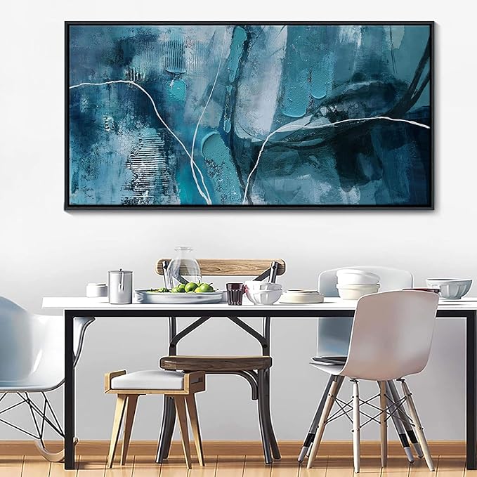 Abstract Canvas Wall Art -Blue-Green and Fan Art Large Wall Art for Living Room Bedroom Decor Framed Pictures Artwork for Walls Size 29x58Inches