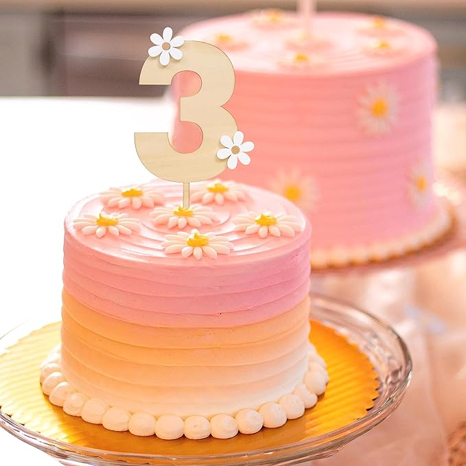 Wooden Daisy Cake Topper - 3rd Birthday & Anniversary Decor, Retro Groovy & Boho Style, Wooden Cake Decorating Supplies