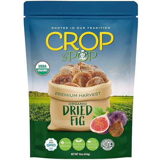 CROP BY POP - Organic Sun-Dried Turkish Smyrna White Figs (Higos, Anjeer) - No Sugar Added, Unsulphured (16oz, 1 LB) Bulk Dry Fruits Packed Fresh in Resealable Bag - USDA Organic, Non GMO, Kosher