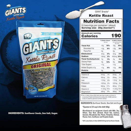 GIANTS Kettle Roast Sweet & Salty Sunflower Seeds - Sunflower Seeds Bulk, Sunflower Seed Snack to Eat, Roasted Sunflower Snack with 8g Protein Per Serving - 12 oz Bag