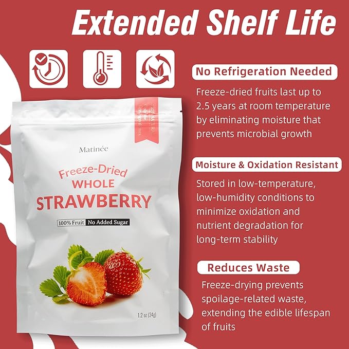 MATINÉE Freeze Dried Strawberries, Whole Dried Strawberries, Dehydrated Fruit, Dried Fruit Snack for Baking, Yogurt & Kids Treats-Vegan, Non-GMO, Preservative Free, 1.2oz, 34g (Pack of 4 Bag)
