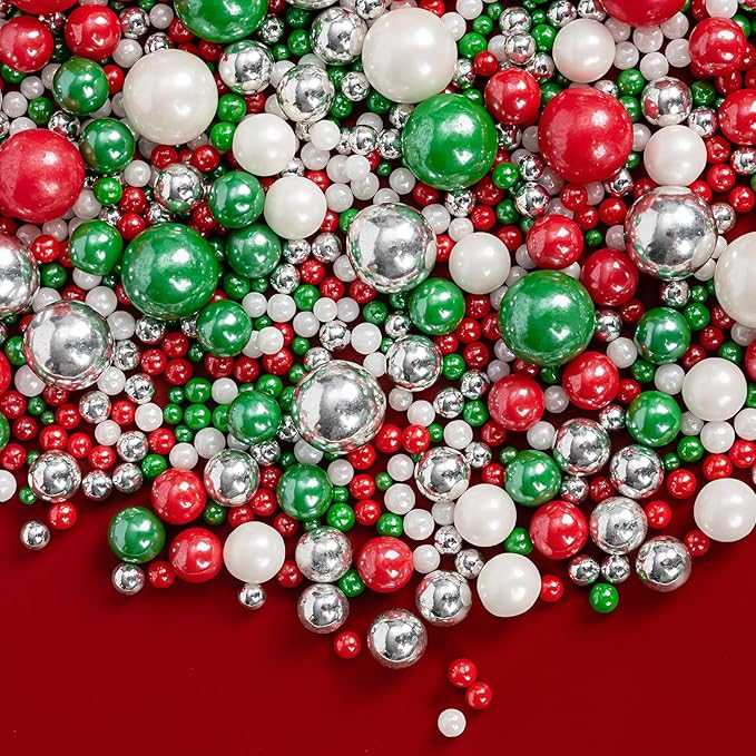 Christmas Sprinkles Pearls for Cake Decorating,130g Red Green White and Silver Pearl Mixed,Edible Sugar Holiday sprinkle for Cupcake Toppers, Cookie, Ice Cream Decorations Christmas Party