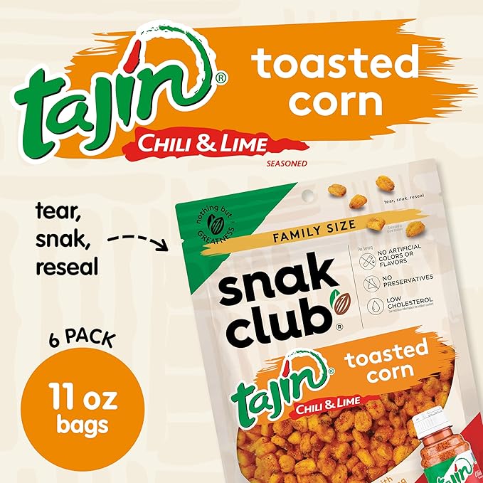 Snak Club Tajin Toasted Corn, Roasted Corn Nuggets with Chili and Lime Seasoning, Mild, Non-GMO, Gluten-Free, Kosher Snack, No Artificial Colors or Flavors, 11 oz Resealable Bags, 6 Pack