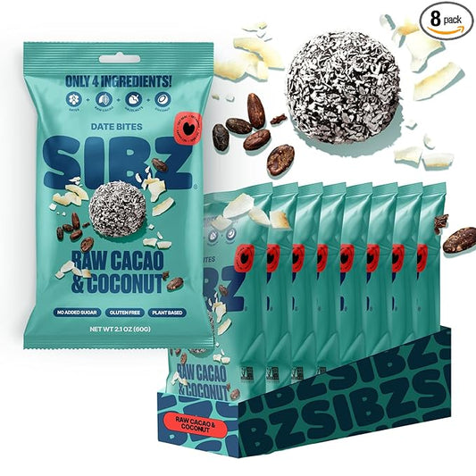 SIBZ Date Bites Raw Cacao & Coconut - All Natural, Gluten Free, Non GMO, Plant Based, No Added Sugar (2.1oz, Pack of 8)