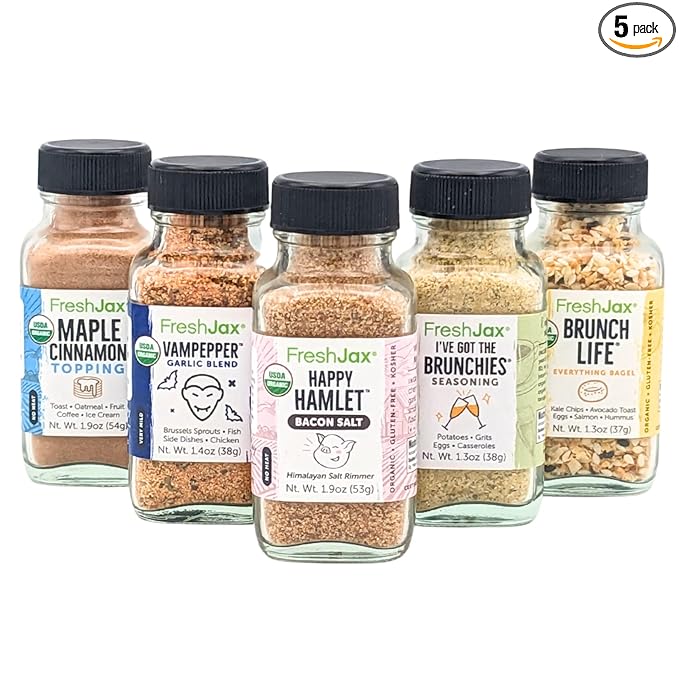 FreshJax Breakfast Seasoning Gift Set ??5 Organic Spices: Maple Cinnamon, Brunch, Bacon Salt, Garlic Blend, Everything Bagel ??Gift Set for Dads