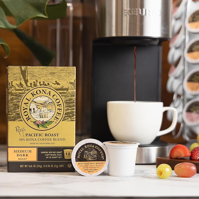 Royal Kona Roy's Pacific Coast, 10% Kona Coffee Blend, Medium-Dark Roast Single-Serve Coffee Pods, Compatible with Pod Brewing Systems, A Taste of Aloha - (12 Count Box)