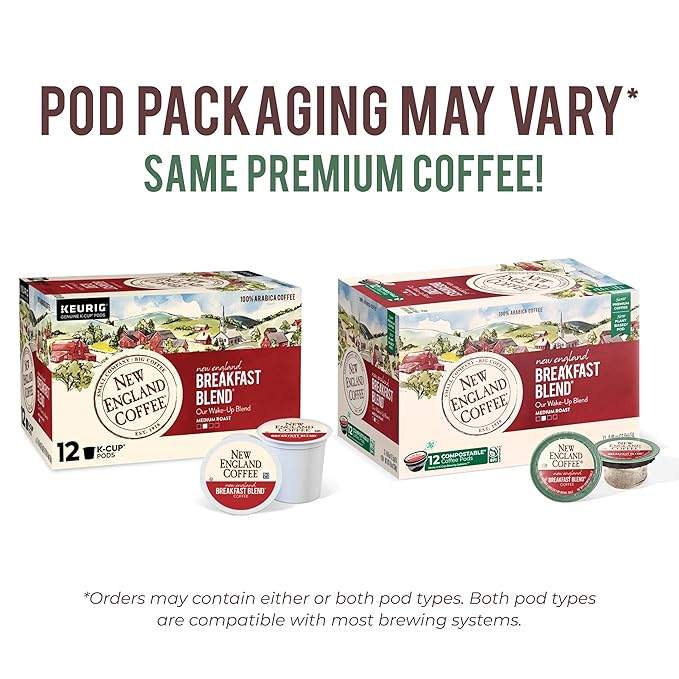 New England Coffee Breakfast Blend Medium Roast Single Serve Pods, 12ct Box (Pack of 1)