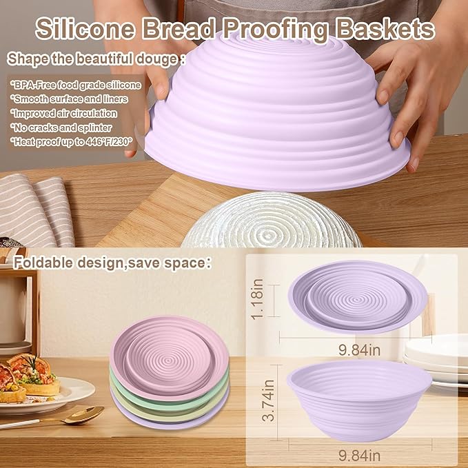 4Pcs Silicone Bread Proofing Baskets, 9" Collapsible Sourdough Bread Baking Supplies Non-Stick Round Dough Proofing Bowl Containers Oven Safe for Various Tastes Bread Making-BPA Free
