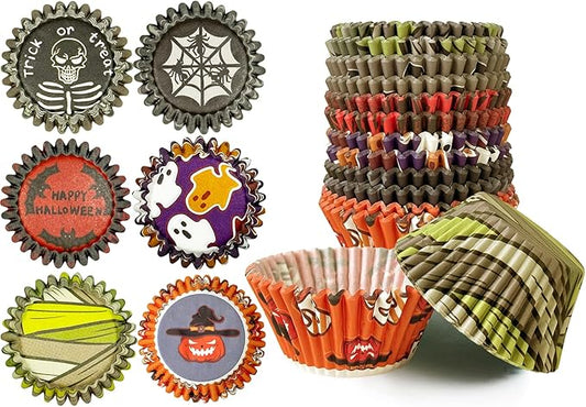 qiqee Halloween Jumbo Cupcake Liners 300PCS Cupcake Liners Cupcake Cups 6 Designs Halloween Red Bat Cupcake Papers Baking Cups Cupcake Wrappers (Large Size)