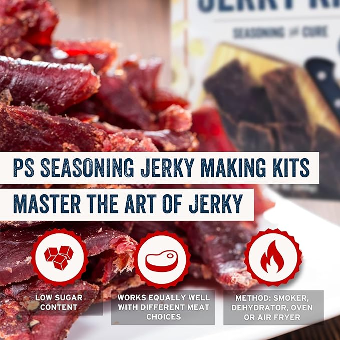 PS Seasoning Jerky Seasoning and Cure Kit (Honey BBQ) - Award-Winning DIY Jerky Making Kit with Seasoning Mix & Cure - Oven, Smoker, Dehydrator - Great for Beef, Turkey, Venison, Wild Game
