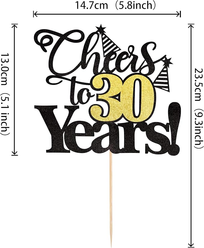 Rsstarxi 1 Pack Cheers to 30 Years Cake Topper Black Glitter Thirty Years Old 30th Birthday Cake Pick Decorations for 30th Birthday Wedding Anniversary Party Supplies