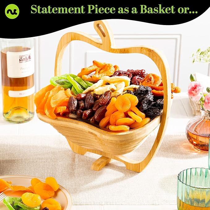 NUT CRAVINGS - Diwali Rosh Hashana & Shana Tova Dried Fruit Flower Arrangement in Wooden Apple-Shaped Gift Basket + Tray (9 Assortment) Healthy Snack Care Package, Food Assortments