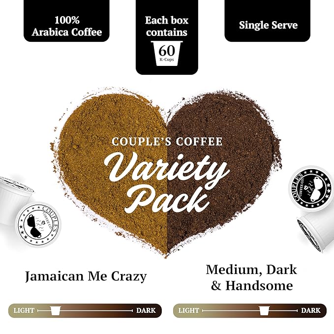 Couple's Coffee Bulk K-Cups Variety Pack | Gives Back to Military Families | Jamaican Me Crazy and Medium Dark Roast Coffee Pods | Gourmet Coffee | Compatible with K-Cup Machines & Single Serve Brewers | 60 Count