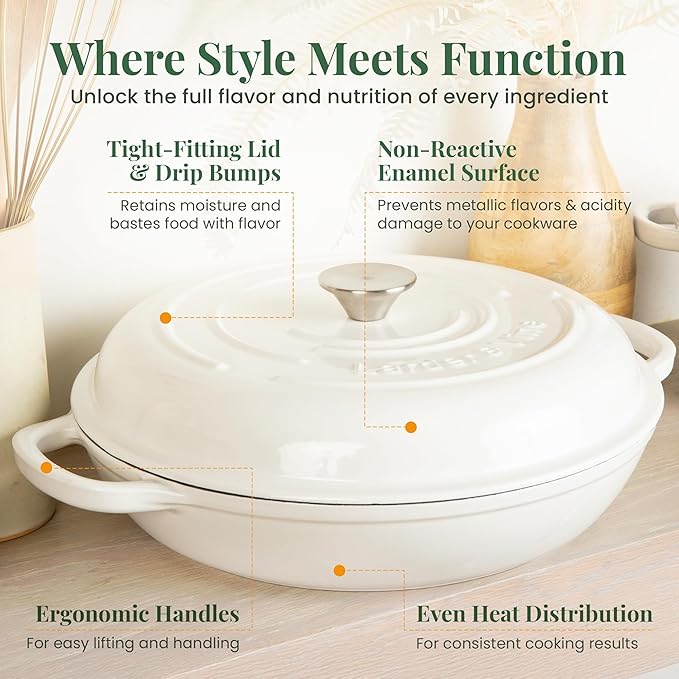 Larder & Vine Enameled Cast Iron Braiser | 3.6 qt Braiser Pan with Lid | Shallow Dutch Oven Compatible on All Cooktops | Casserole Dish Oven Safe to 500ì§?F | Dual Handles | White