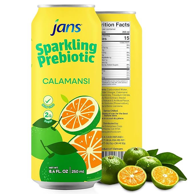 Jans Sparkling Prebiotic Soda Beverage ??Calamansi 8.4 Fl Oz (6-Pack) ??Low Calorie, NO Added Sugar, Non-GMO Sparkling Fruit Beverage, Gut Health Support