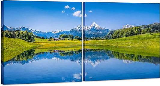Mountain Landscape Wall Art Decor - 2 Piece Set, Decorative Framed Winter Snowy Lake Landscape Canvas Art Multi Panel Split Prints for Living Room, Kitchen, Bedroom, Office & Home Decor Gift