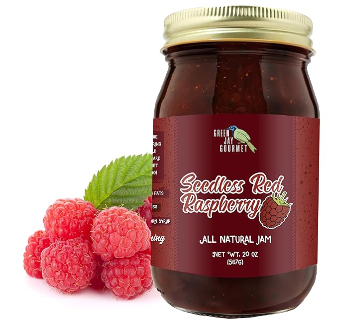 Green Jay Gourmet Seedless Raspberry Jam - All-Natural Fruit Jam with Red Raspberries & Lemon Juice - Vegan, Gluten-free Jam - Contains No Preservatives or Corn Syrup - Made in USA - 20 Ounces